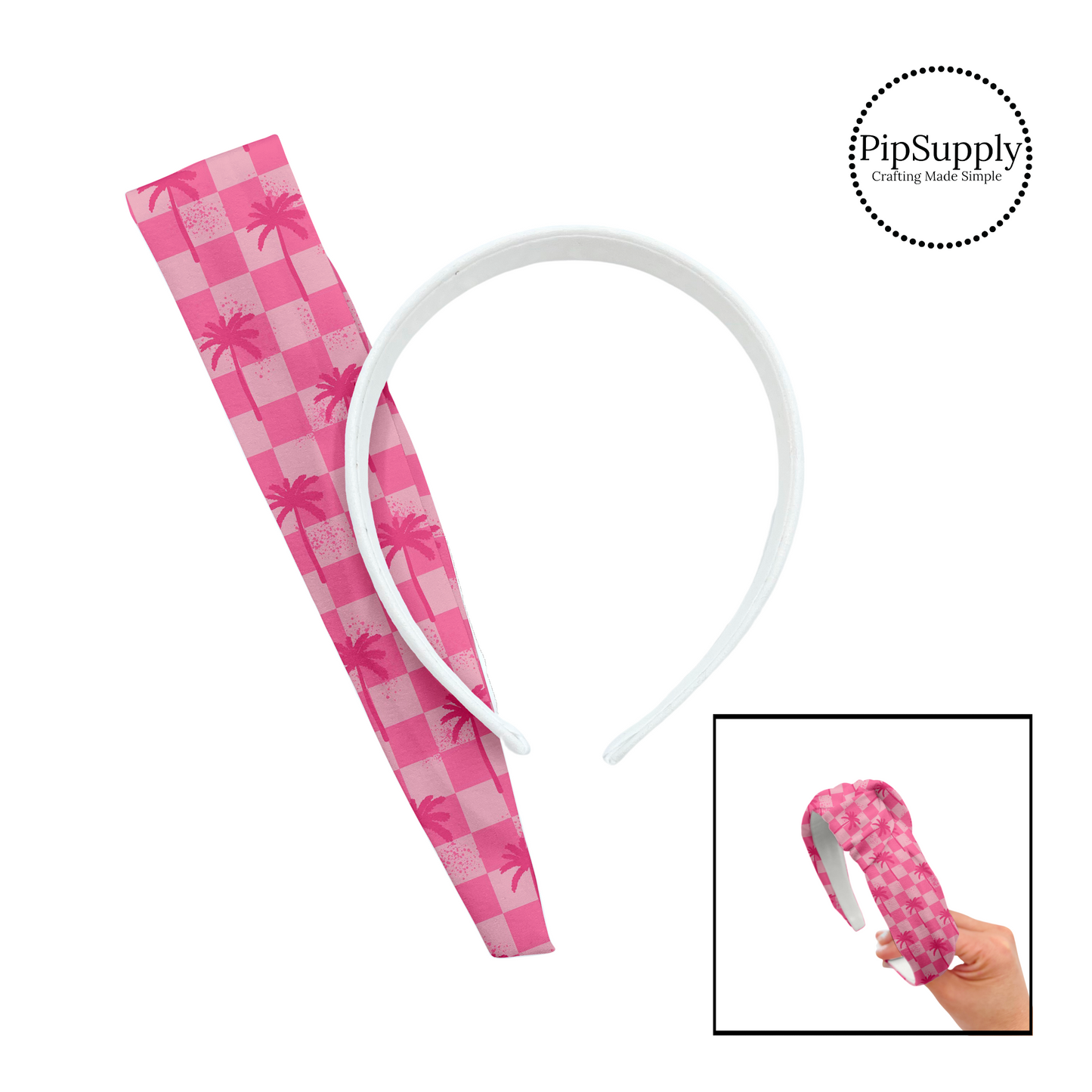 Pink palm trees with splatter dots on pink checkered knotted headband