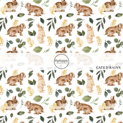 Green leaves with brown bunnies and yellow chicks on white bow strips