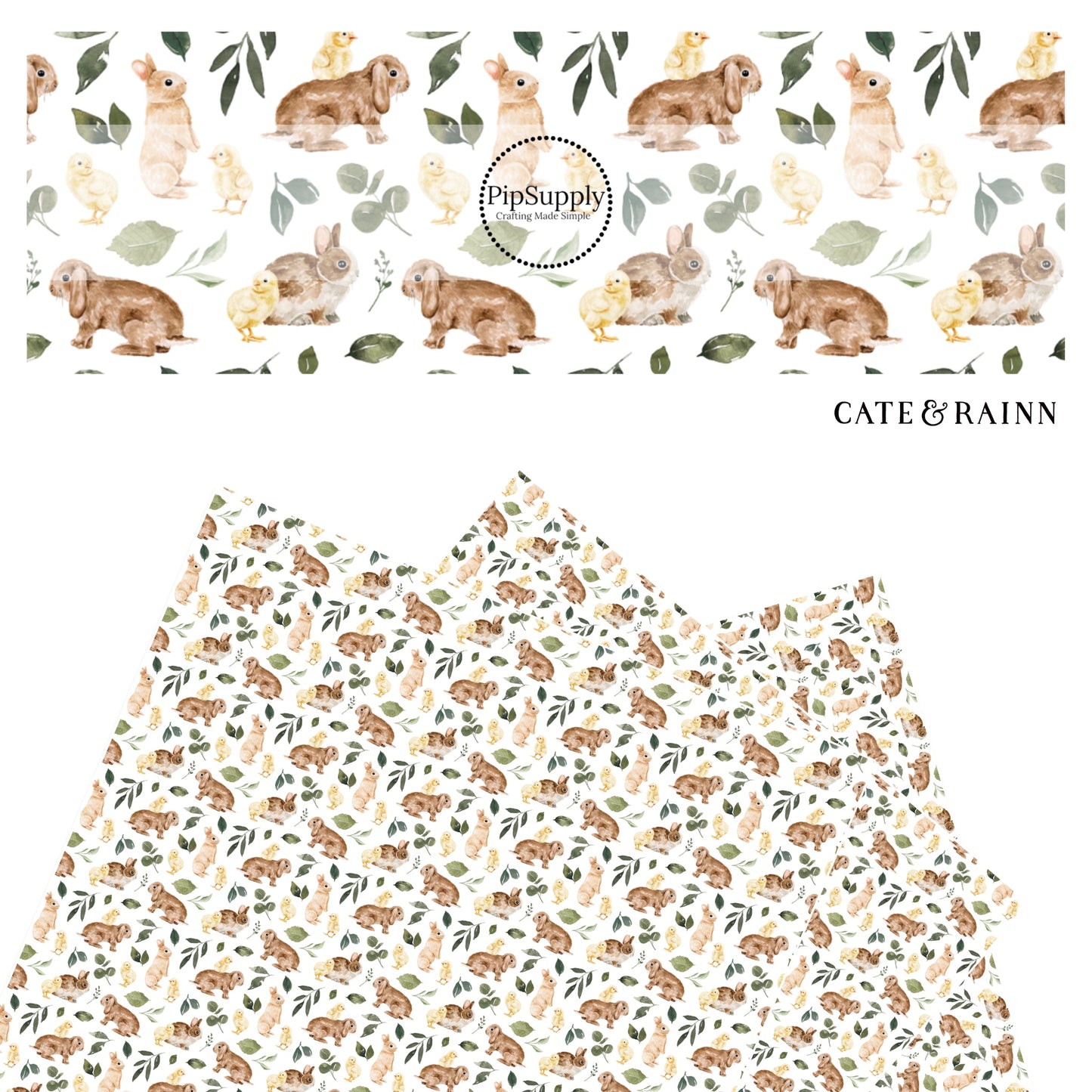 Brown bunnies with yellow baby chicks and green leaves on white faux leather sheets