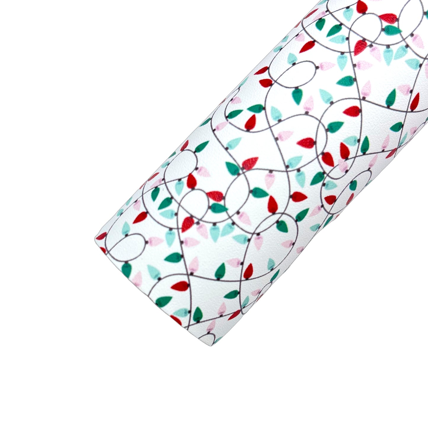Rolled white faux leather sheet with red and green Christmas light pattern.