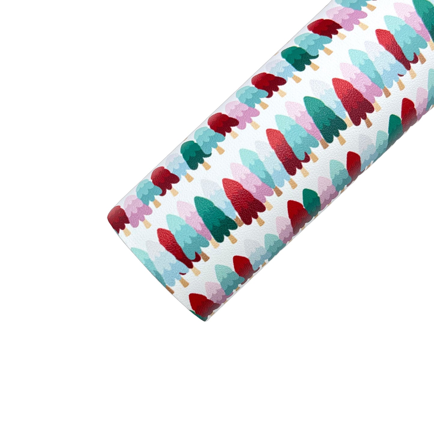 Rolled white faux leather sheet with red, green, and pink Christmas tree pattern.