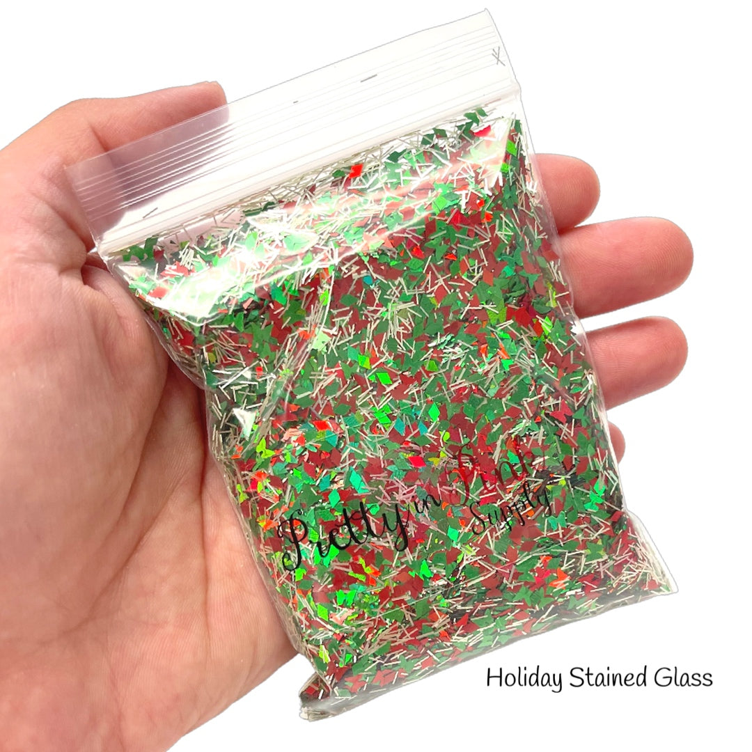 Bag of mixed red and green sequin glitter with silver flakes.