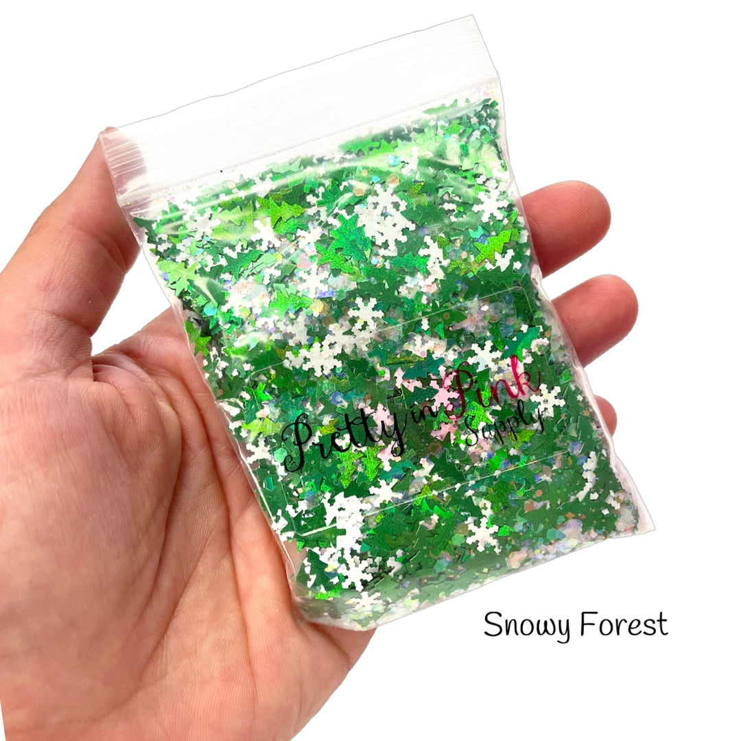 Bag of mixed green sequin Christmas trees, white snowflake sequin, and iridescent glitter.