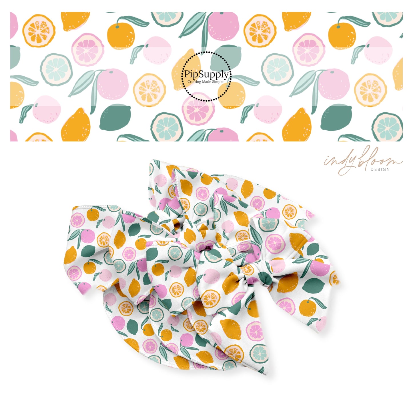 Orange, pink, and green fruit on white bow strips