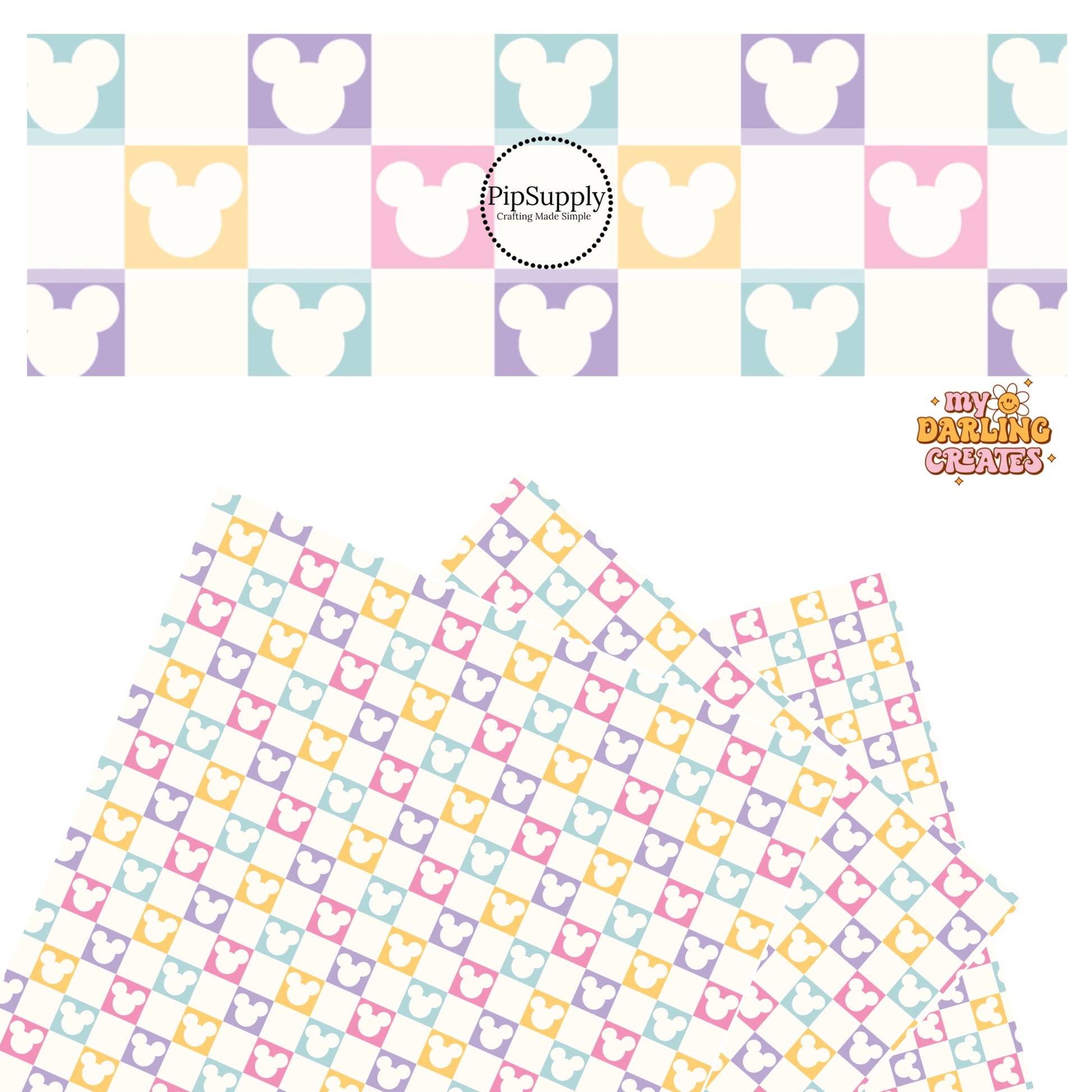 Pink, purple, aqua, and yellow pastel mouse head cutout checkered faux leather sheets