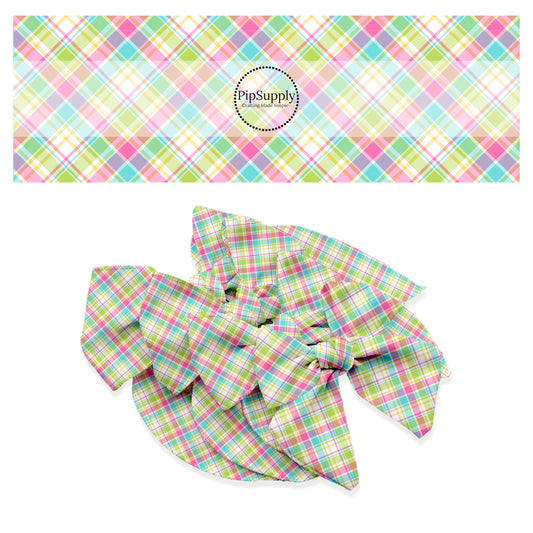 Pink, blue, and green diagonal plaid with white crisscross lines bow strips