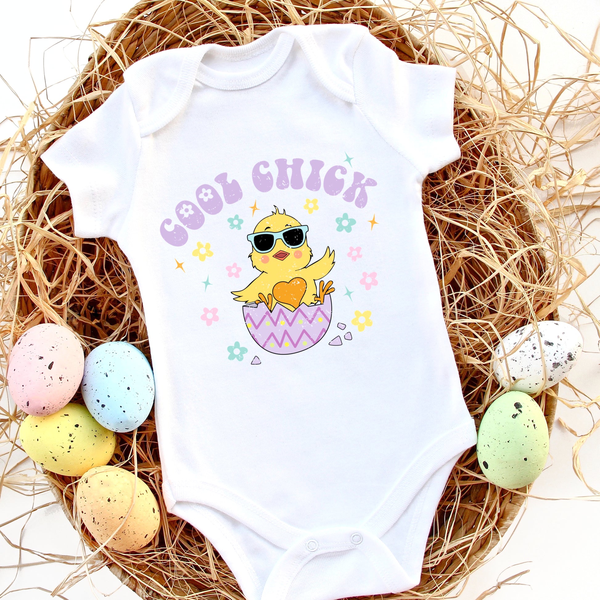 Easter Egg and Chicken transfer with the words "Cool Chick" - Lavender and Yellow Easter Egg with baby Chick - Iron on Transfer DTF Sublimation 