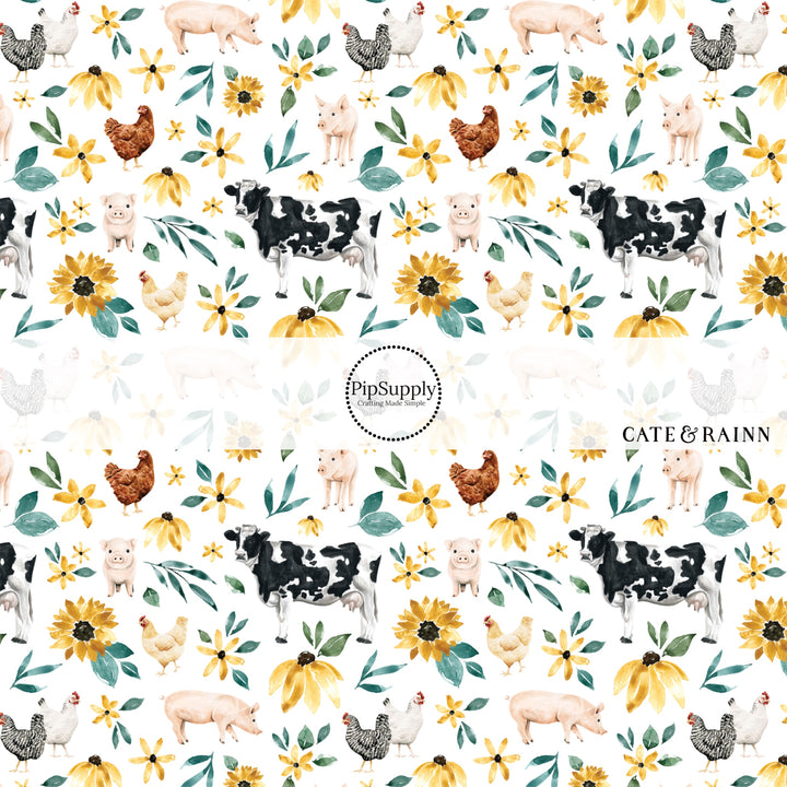 Floral farm animals on white bow strips