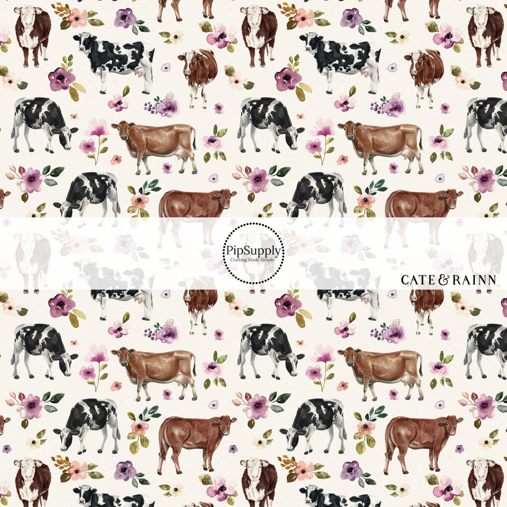 floral cows on white bow strips