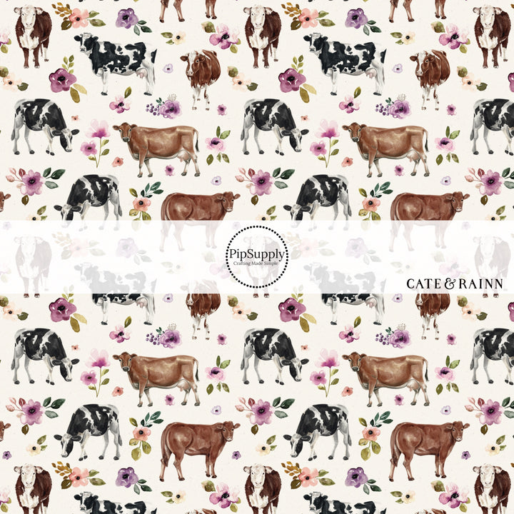 floral cows on white bow strips