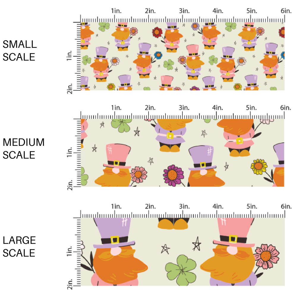 Scaled cream fabric by the yard with flowers, leprechauns, stars, and flowers