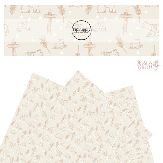 Sheep, donkey, tomg, wooden cross, palm leaves on cream faux leather sheets 