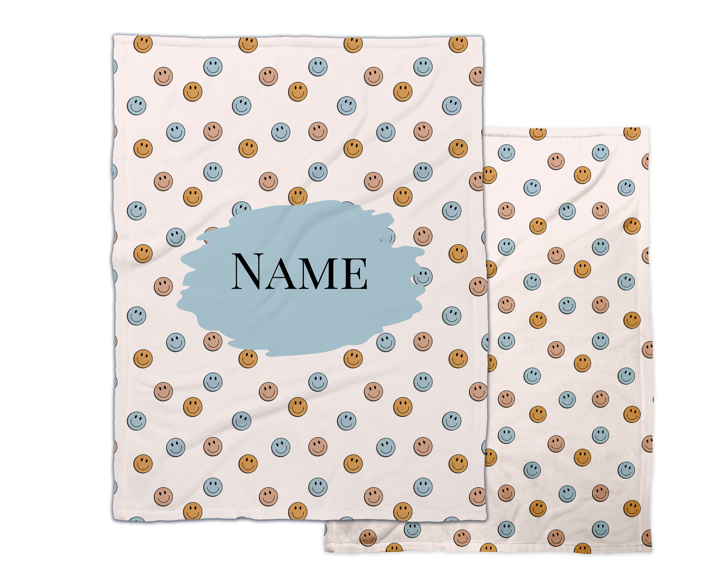 Happy Face blanket with blue, light brown and mustard smiley faces on a cream background. Personalized custom printed blanket. 