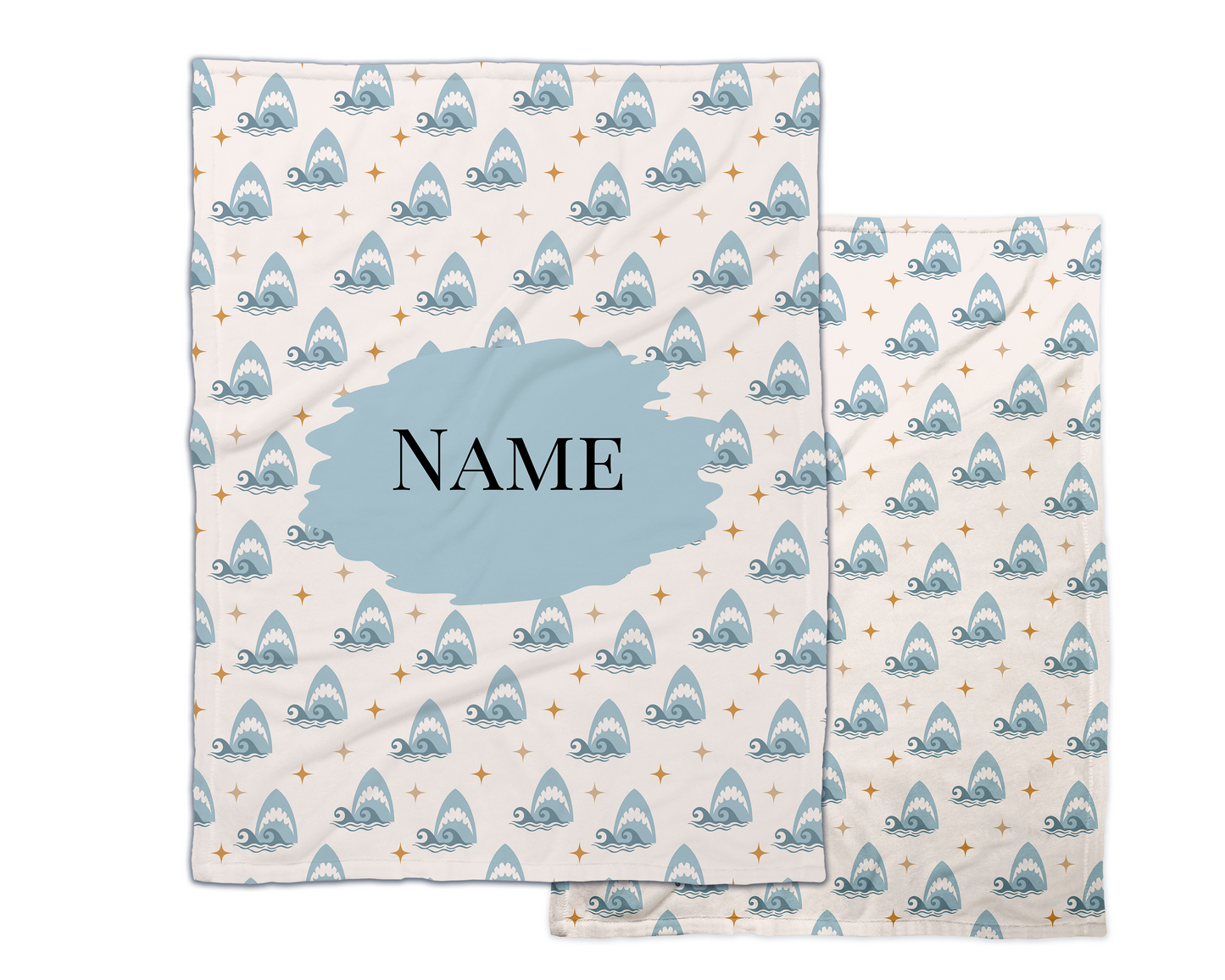 Personalized shark blanket- Custom printed cream and blue shark blanket 