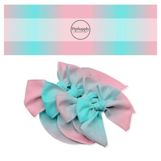 Cyan light aqua blue and light peachy pink pastel spring ombre blend hair bow strips