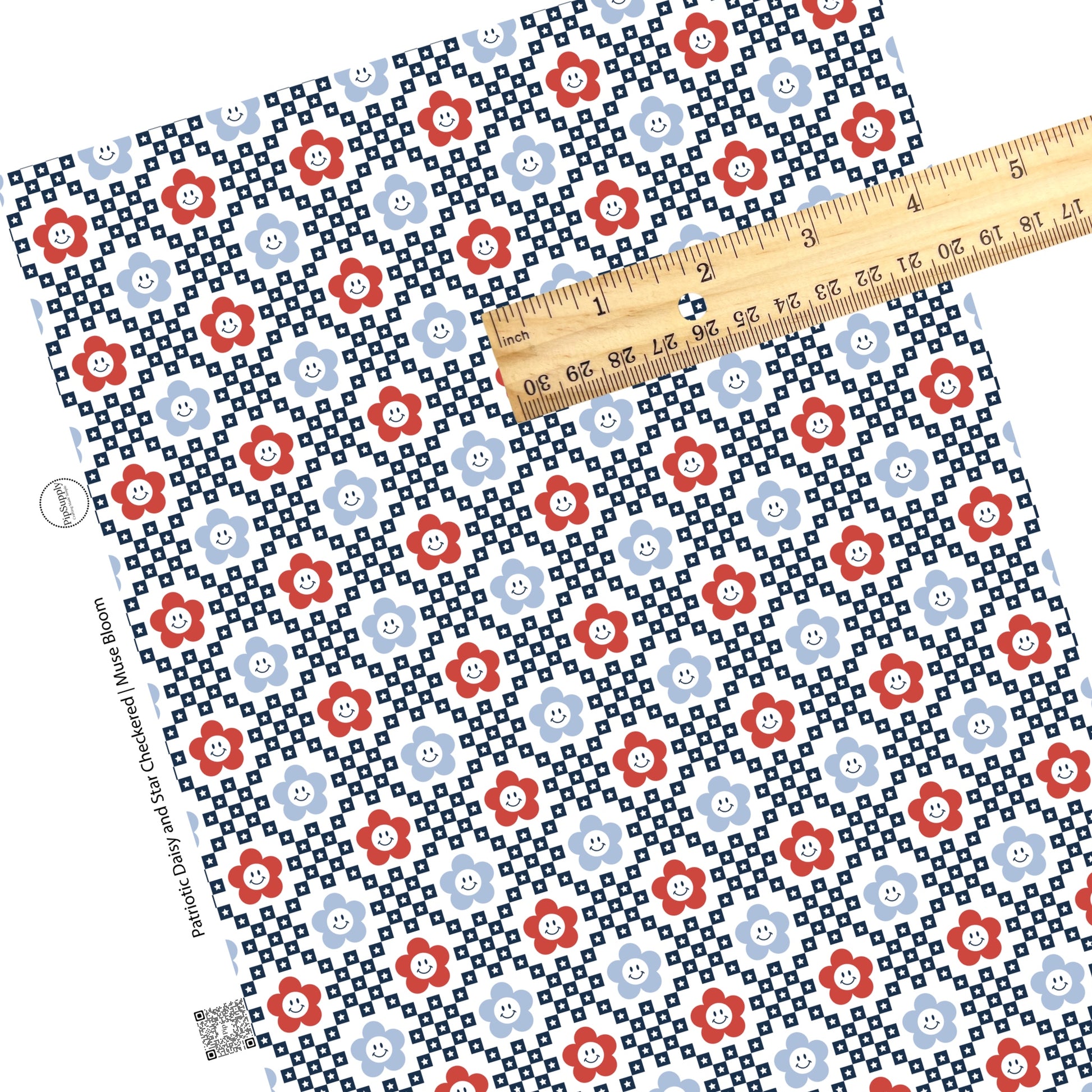 Star checker patches and red and blue happy daisies on white faux leather sheets