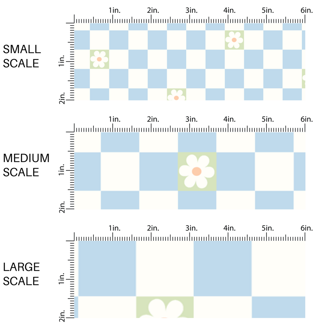 This image has three fabric scales of small, medium, and large scale for the light blue checkered and light green daisies fabric. 