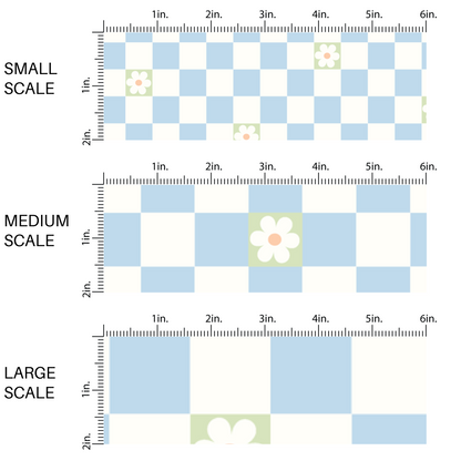 This image has three fabric scales of small, medium, and large scale for the light blue checkered and light green daisies fabric. 