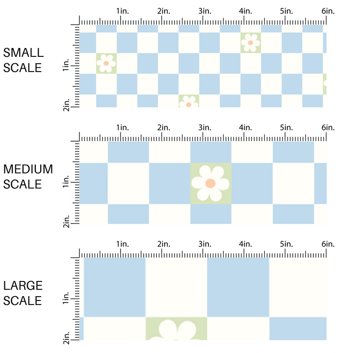 This image has three fabric scales of small, medium, and large scale for the light blue checkered and light green daisies fabric. 