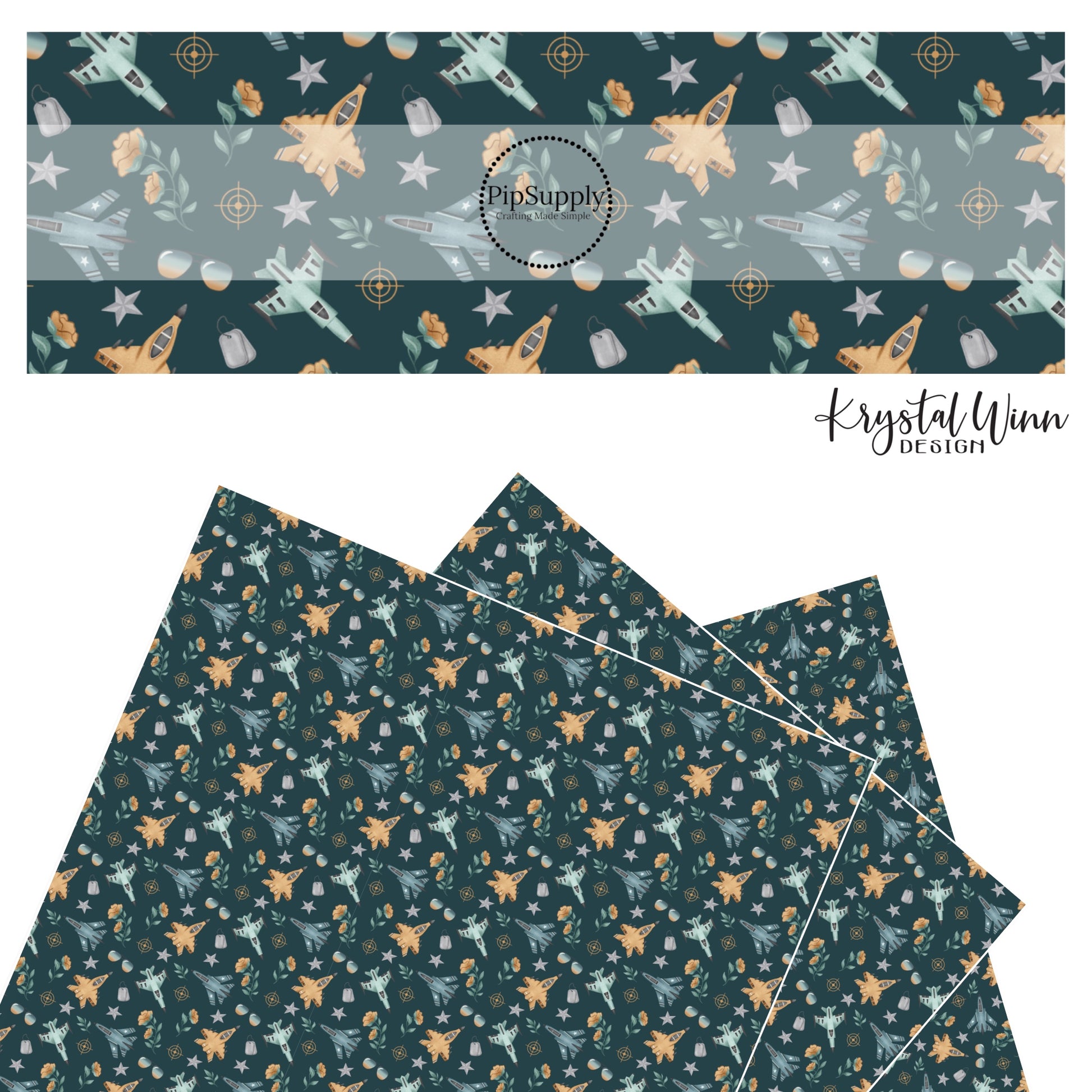 orange, blue, and teal airplanes with flowers, sunglasses, dog tags, and stars on navy faux leather sheets