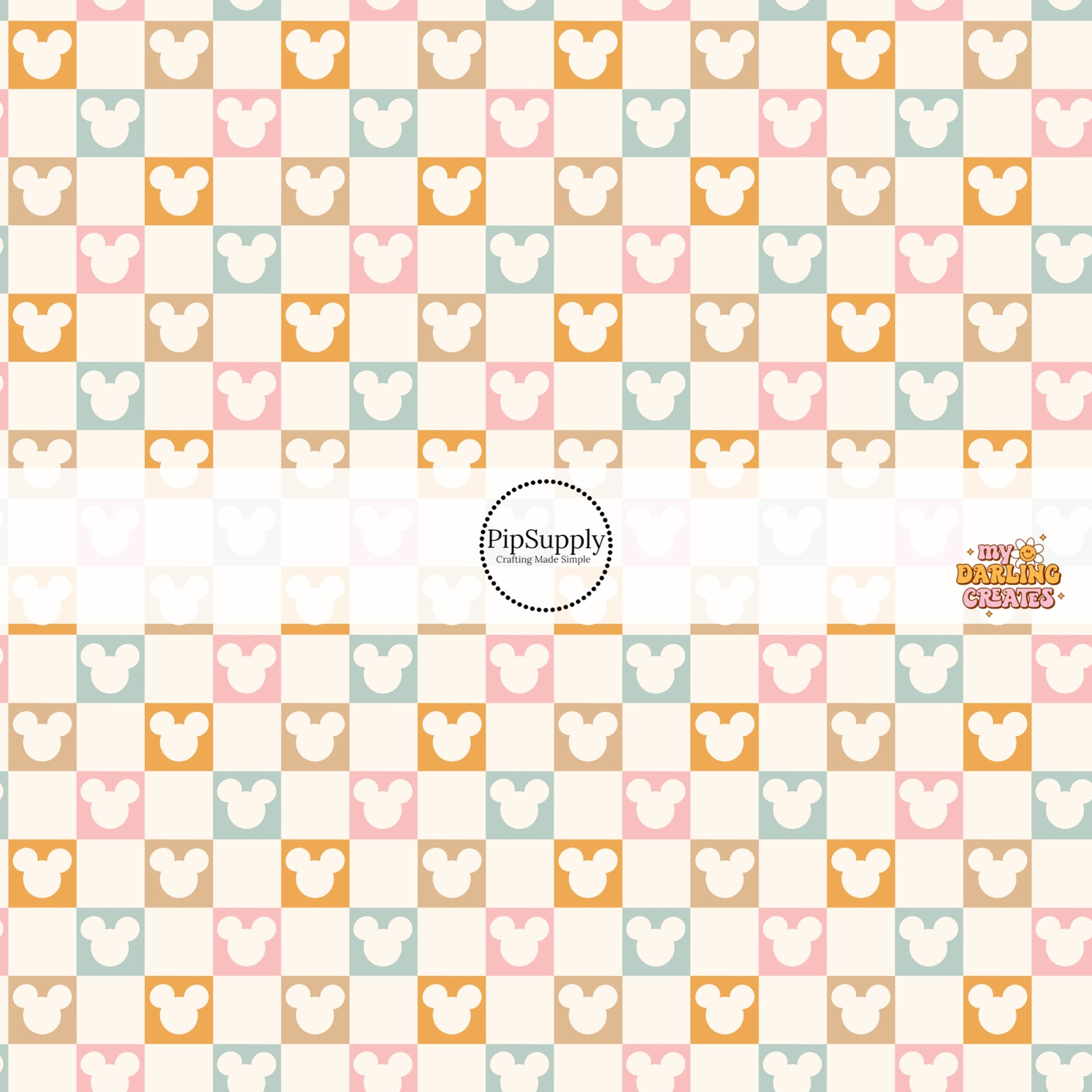 Cream tiles with orange, pink, blue, and tan mouse cutout bow strips