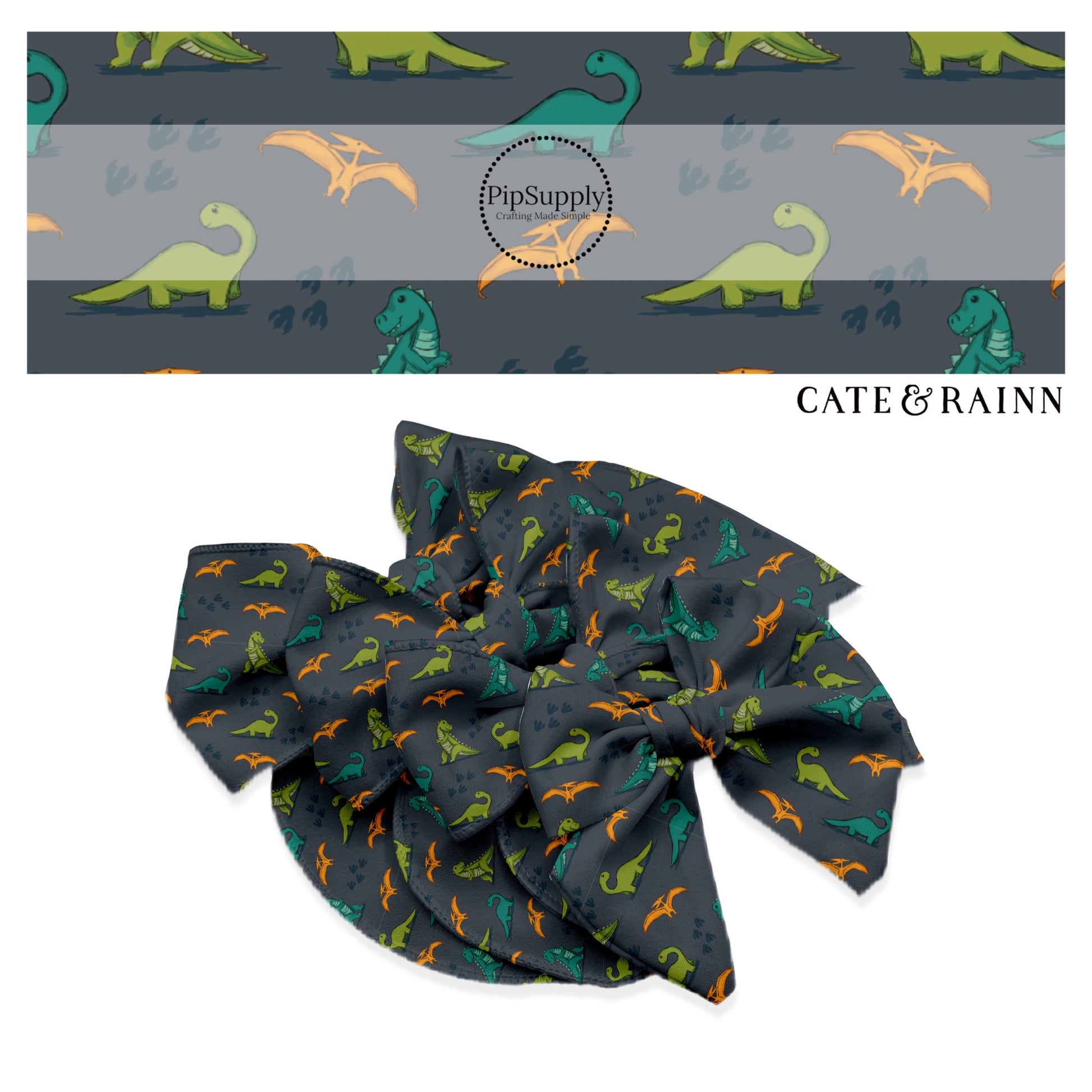 Green, teal, and orange dinosaurs with tracks on charcoal bow strips