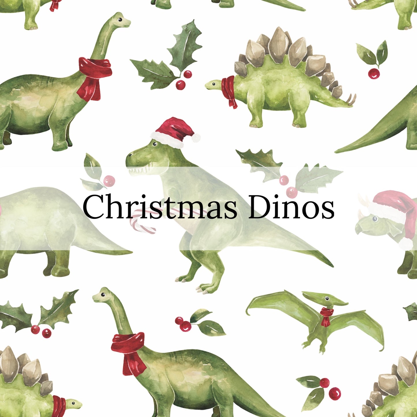 bow strip pattern with green dinosaurs dressed in santa hats and red scarves with holly leaves