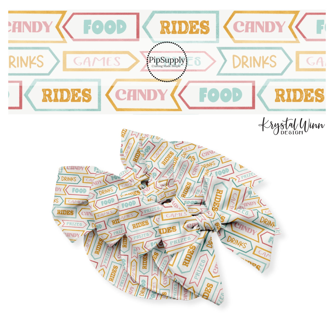 Colorful direction signs with carnival activities on cream bow strips