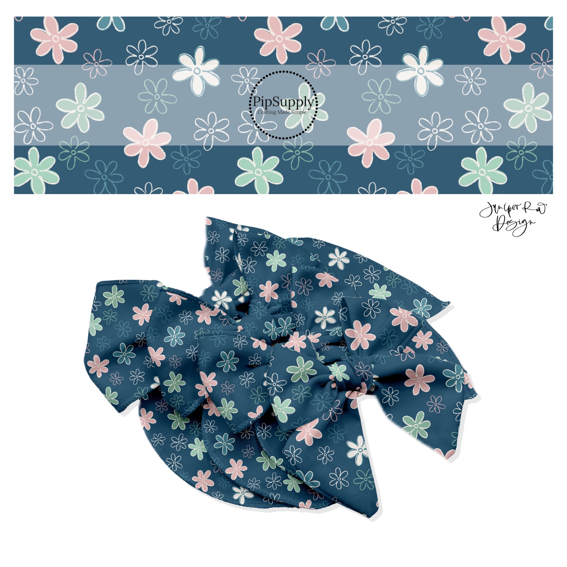 Pink, green, blue, and white drawn flowers on navy bow strips