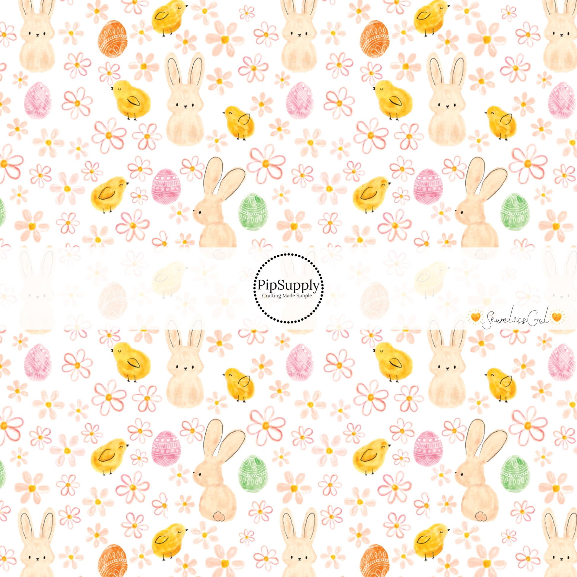 Yellow watercolor chicks, cream bunnies, pink and orange eggs and flowers bow strips