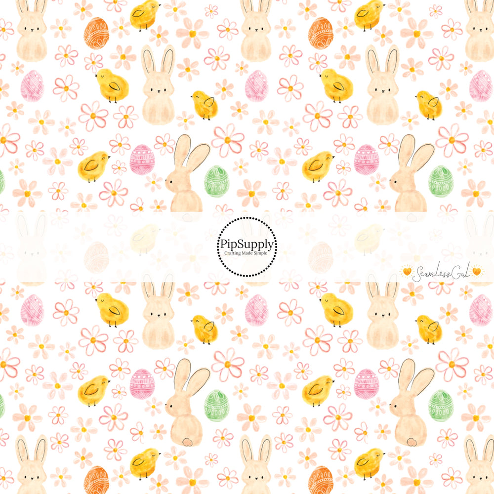 Yellow watercolor chicks, cream bunnies, pink and orange eggs and flowers bow strips