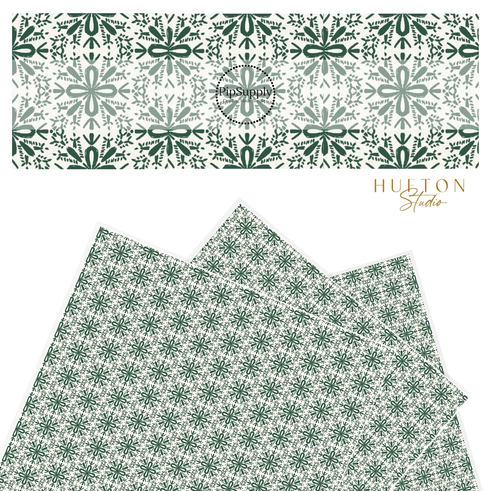 emerald green snowflakes on cream faux leather sheet