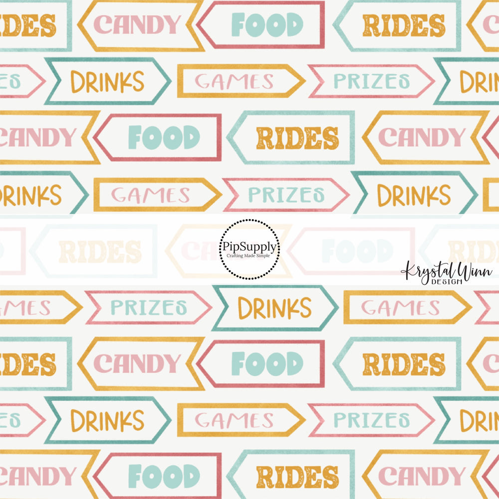 Candy, food, drinks, prizes, games, and rides direction signs on cream bow strips