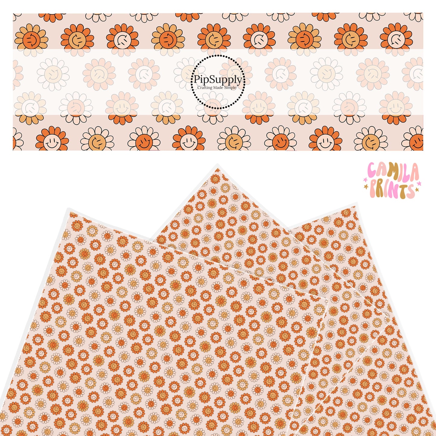 fall colored flowers with smiley faces faux leather sheet