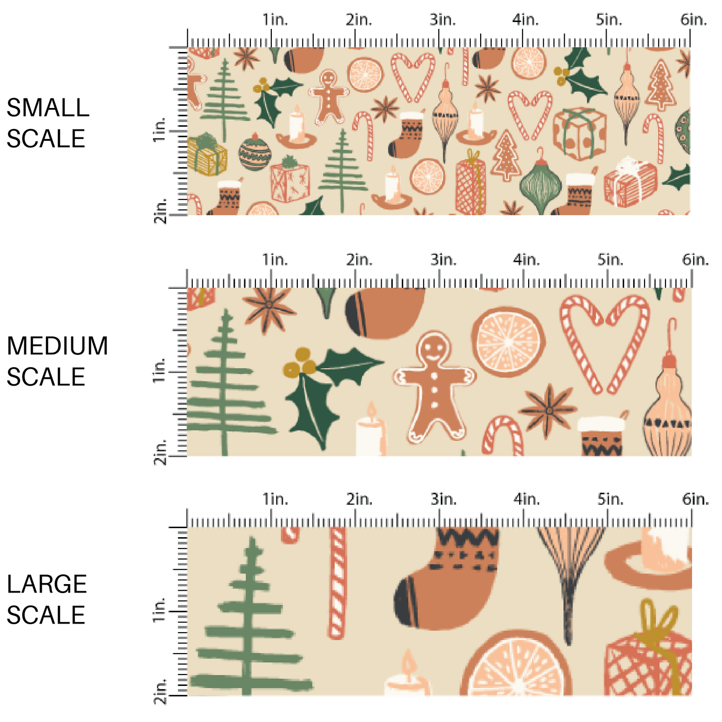 Cream Christmas Design Fabric with Orange Slices, Candy Canes, Holly, Gifts