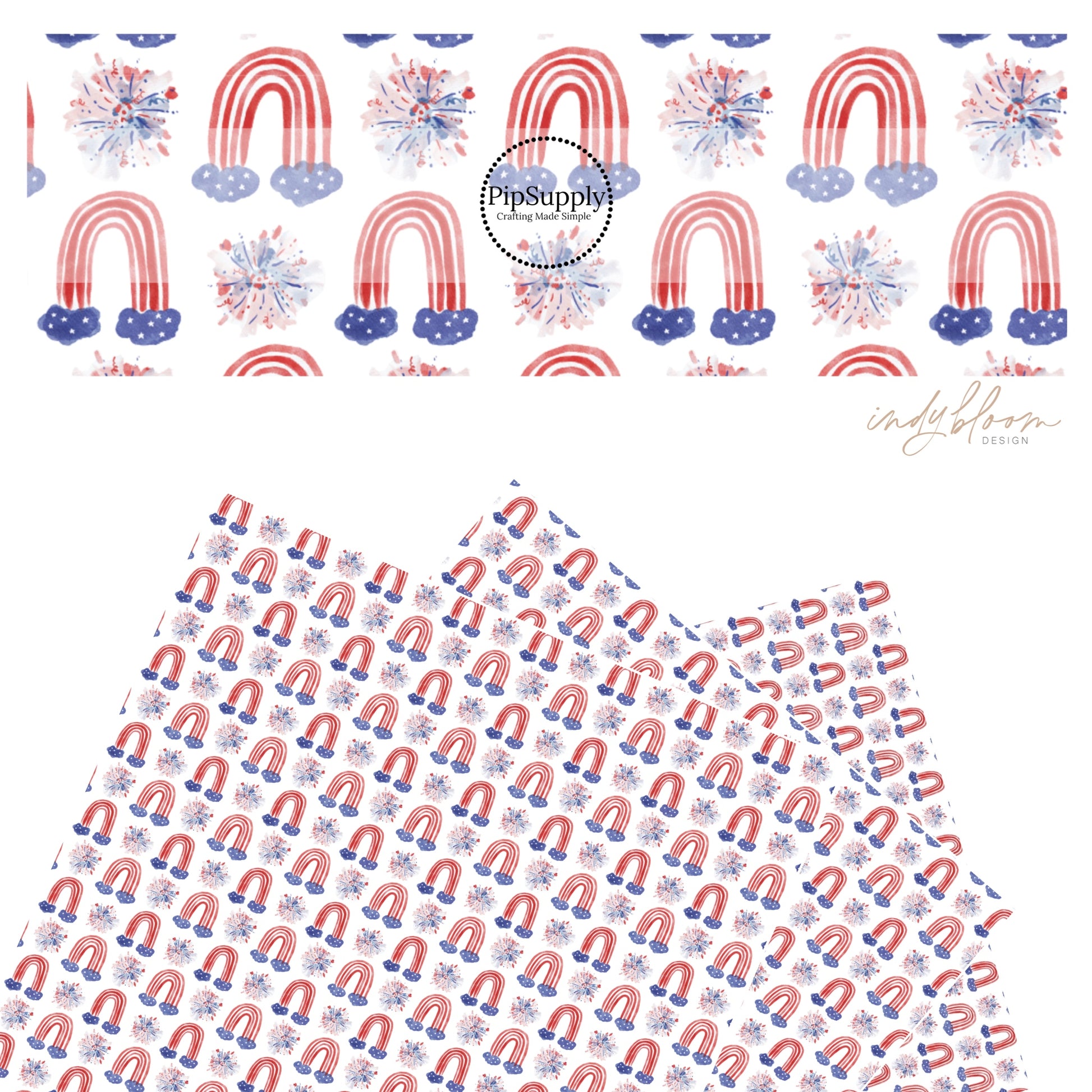 Red white and blue rainbows and fireworks on white faux leather sheets