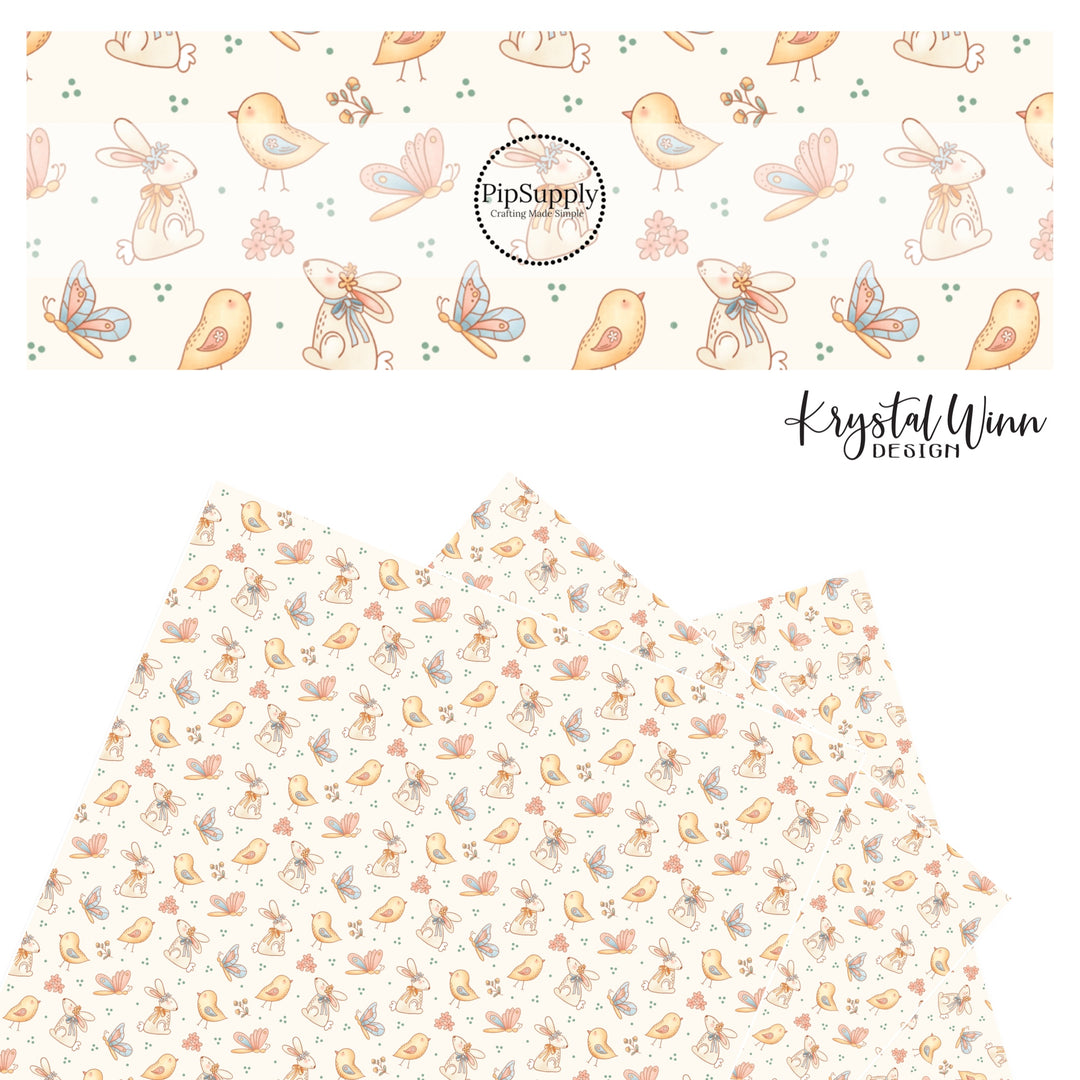 chicks, butterflies, and bunnies on white faux leather sheets 
