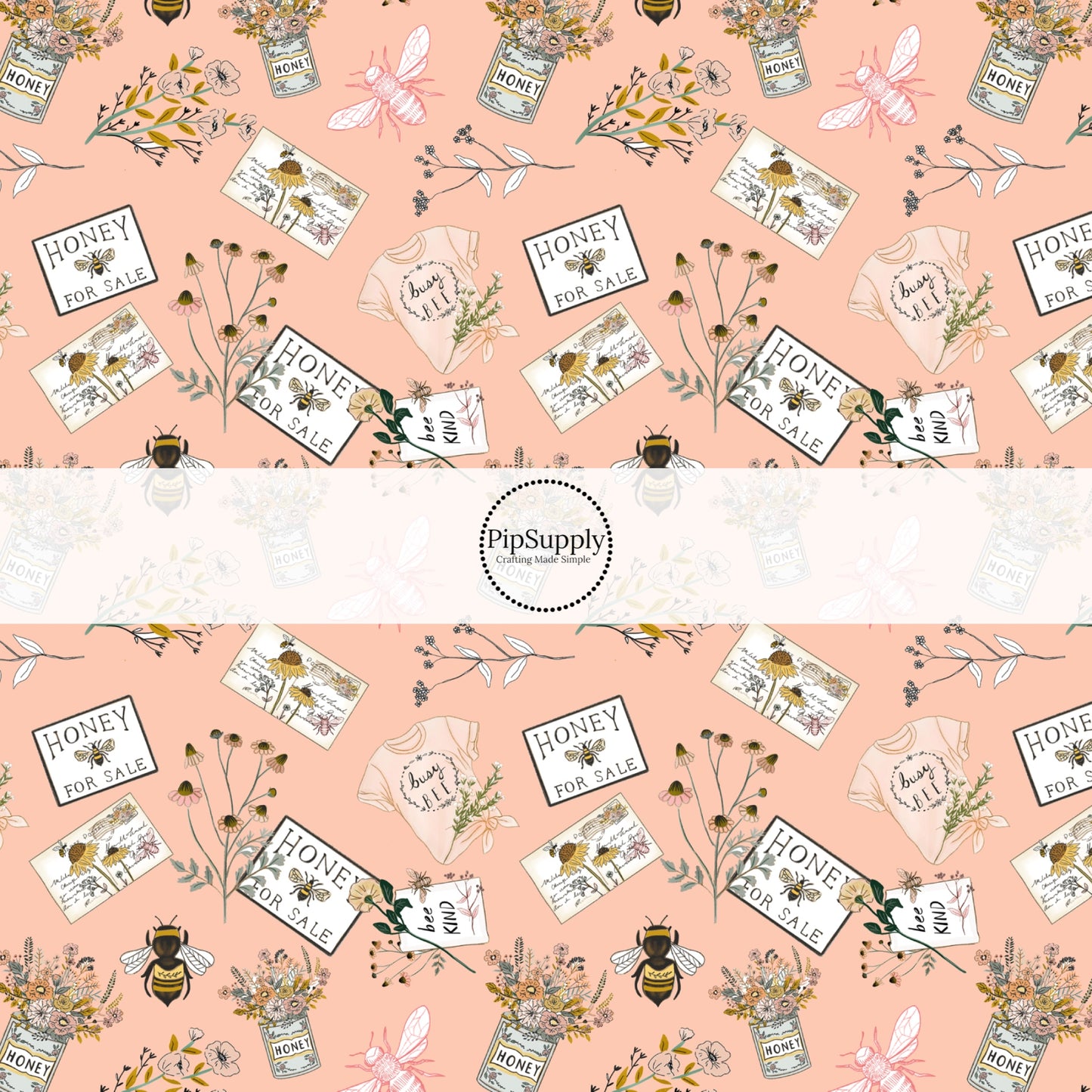  Floral bees on peach bow strips