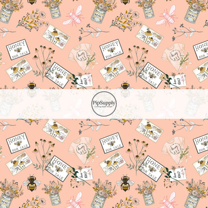  Floral bees on peach bow strips