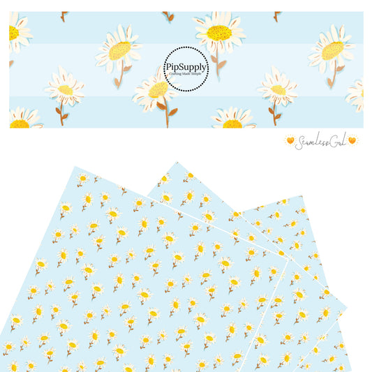 Cream daisies with yellow center painted on blue faux leather sheets