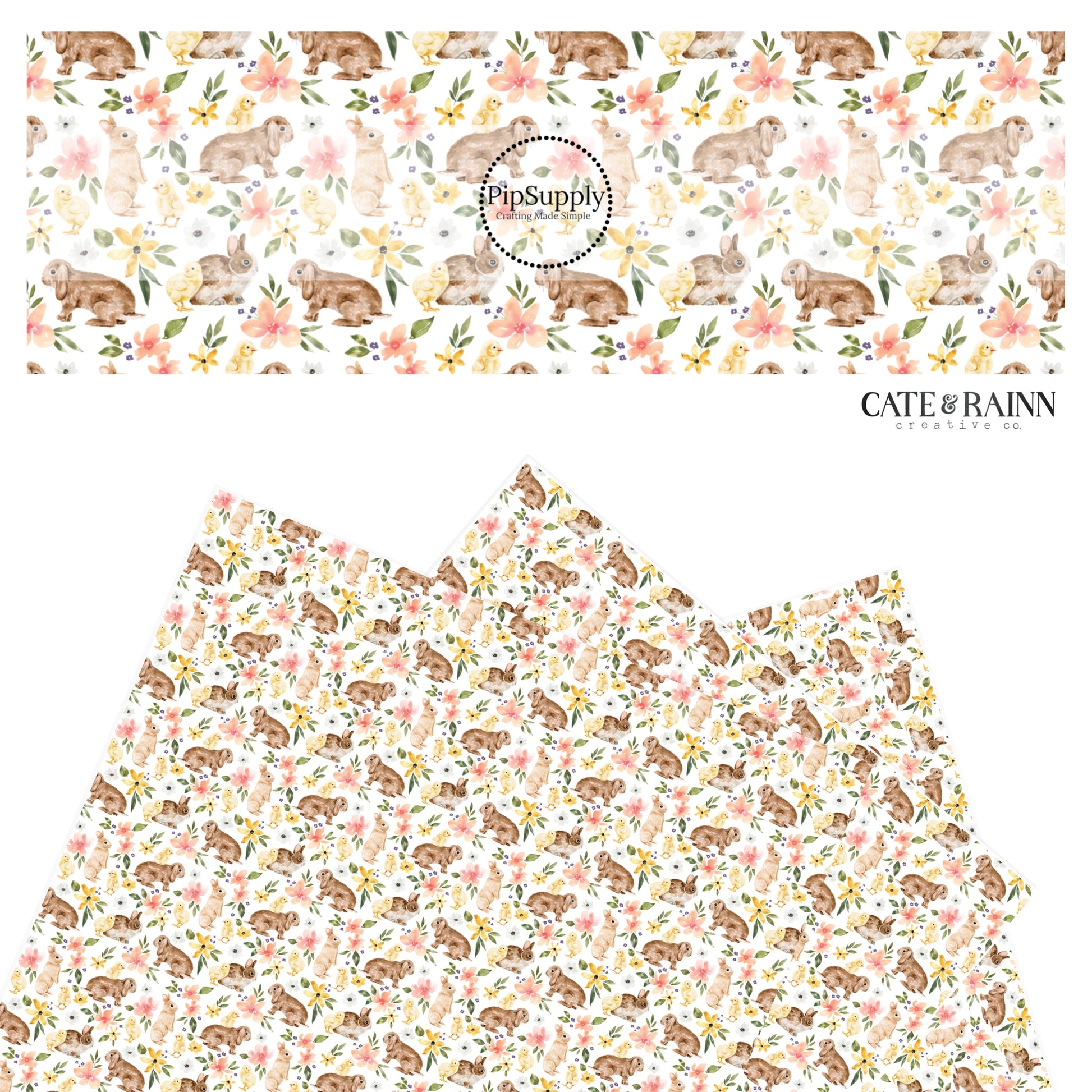 Yellow baby chicks and brown bunnies playing with flowers on white faux leather sheets
