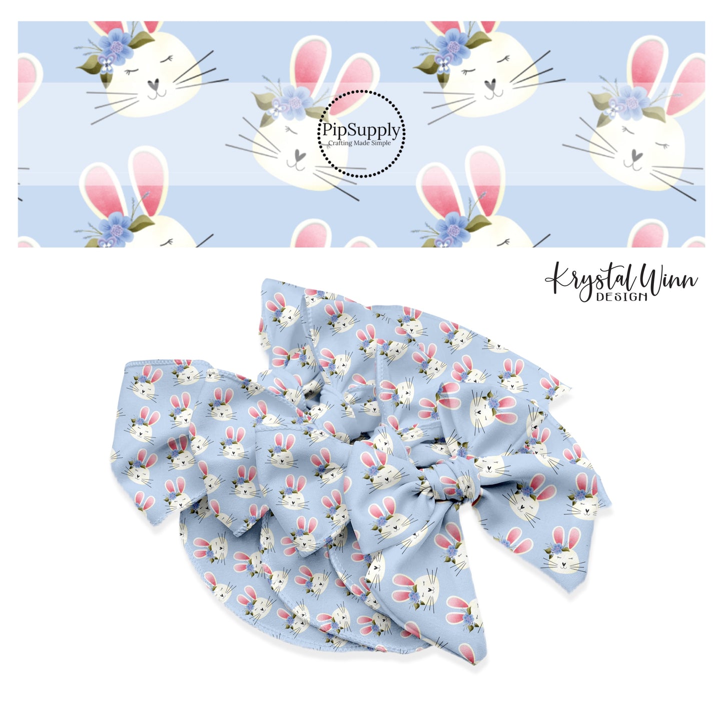 white bunnies with pink ears and  blue floral crown on blue bow strips