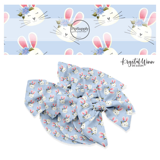 white bunnies with pink ears and  blue floral crown on blue bow strips