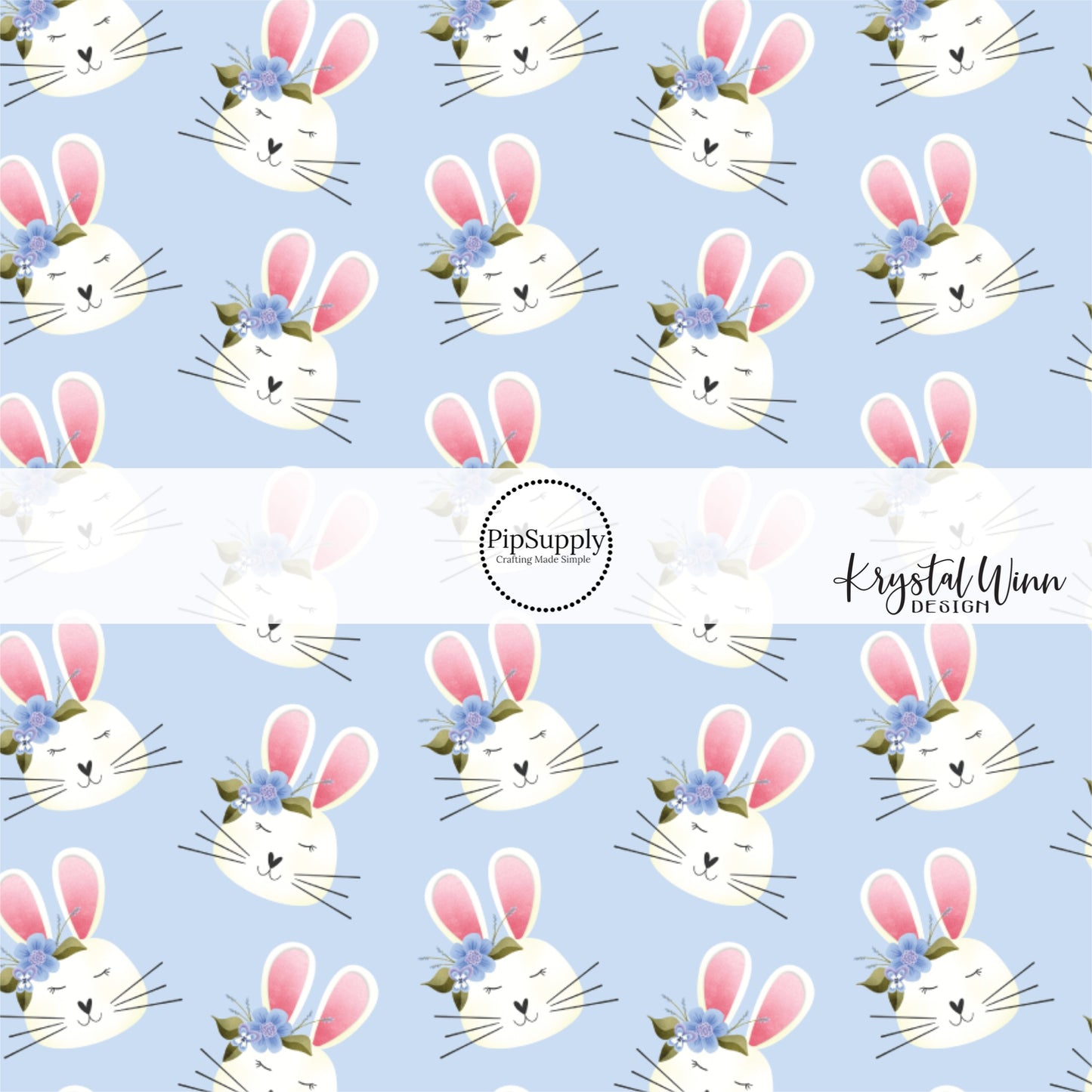 white bunnies with floral crown on blue bow strips
