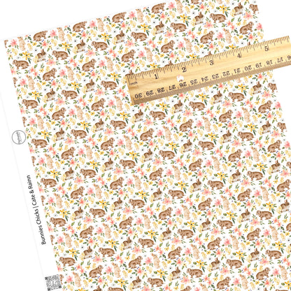 Pink and yellow flowers with brown bunnies and chicks on white faux leather sheet