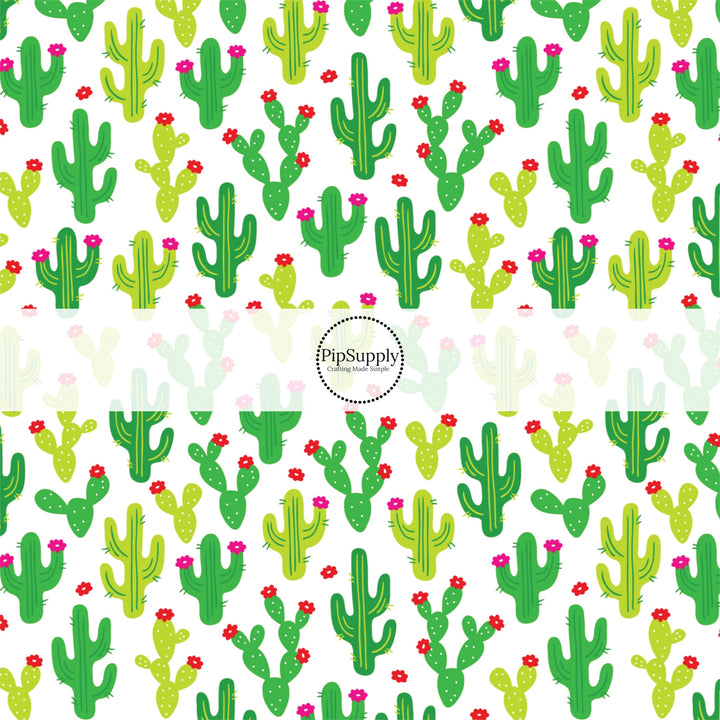 Floral bright green cacti on white bow strips