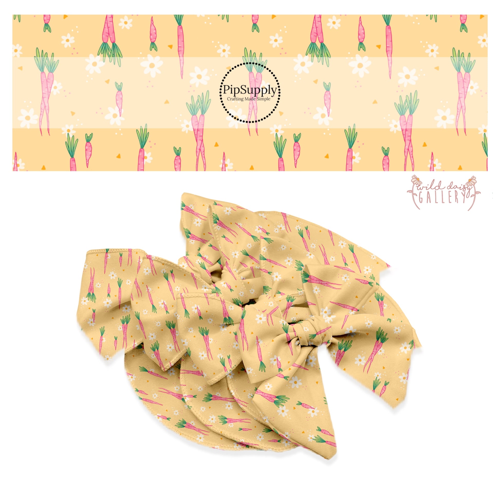 pink carrots with cream flowers and polka dots on pale yellow bow strips