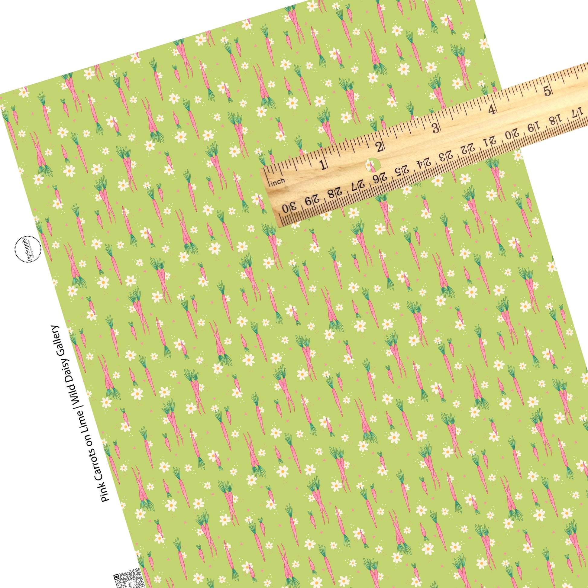 pink carrots, cream daisies, polka dots, and triangles on lime faux leather sheets