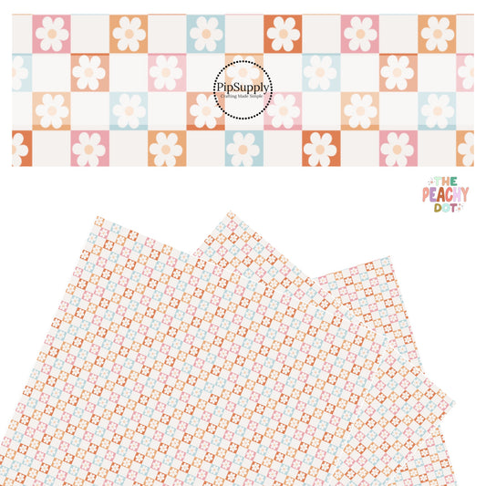 blue, peach, and pink checker with white flowers on cream faux leather sheets
