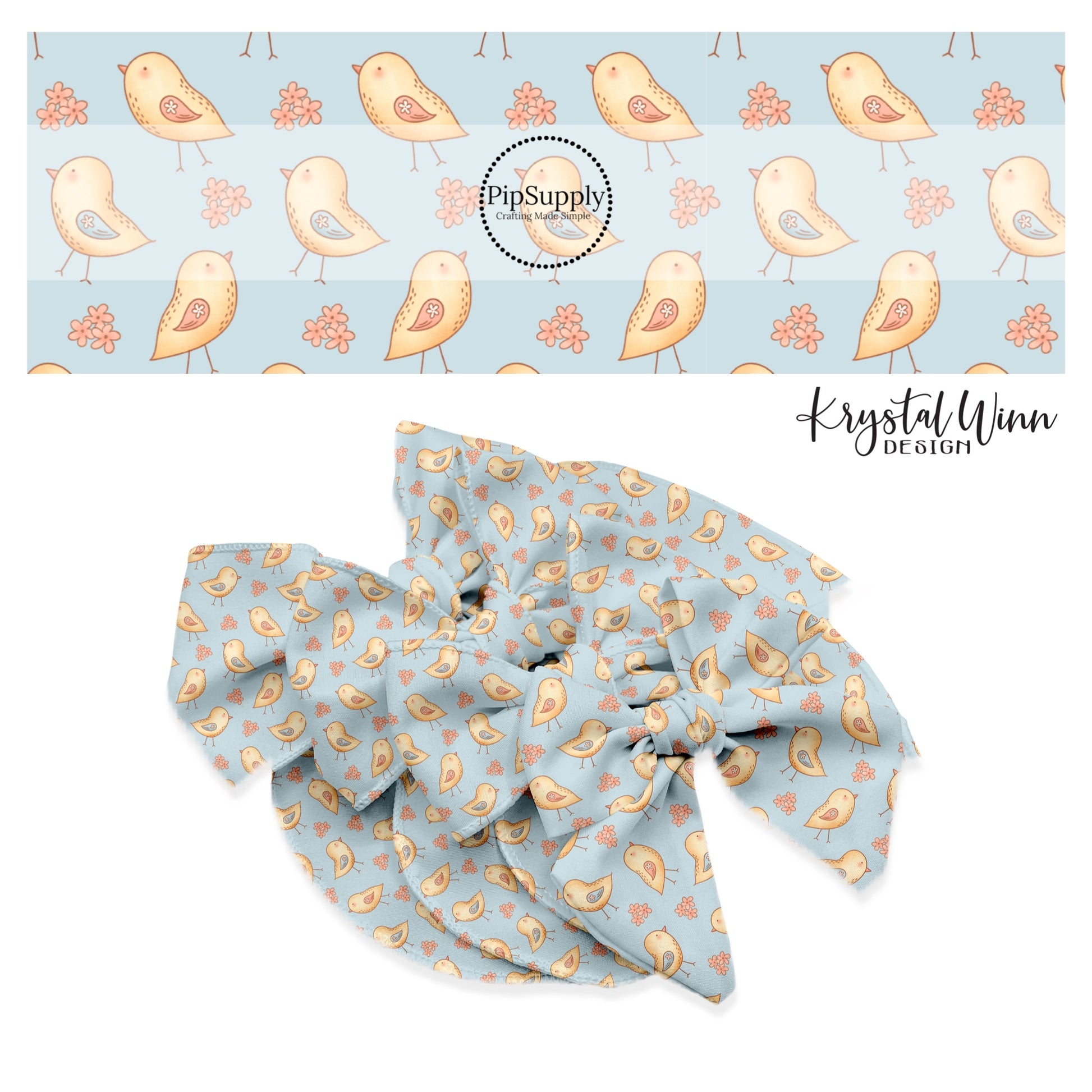 yellow birds with pink and blue floral wings with pink flowers on blue bow strips 